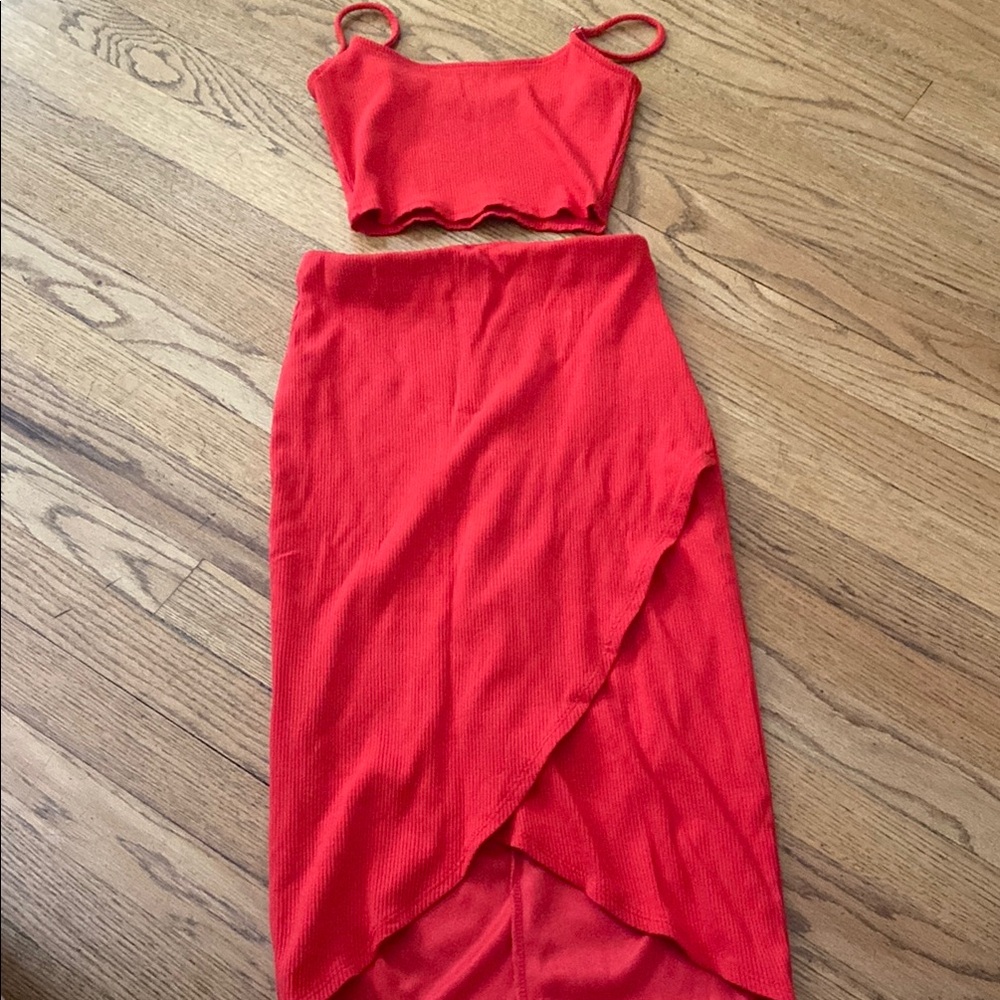 Red Two-Piece Crop Top and Skirt Set